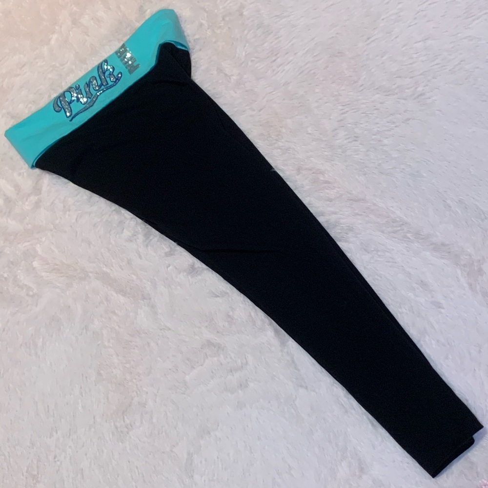 Victoria’s Secret Pink Bling Sequin Black Aqua Turquoise Yoga Leggings Tights - Picture 8 of 15